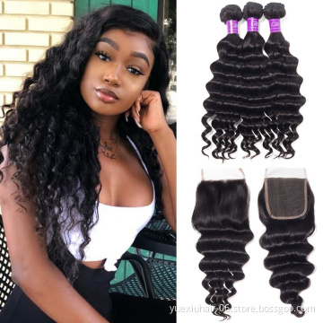 Wholesale 10a Grade Brazilian Human Hair Cuticle Aligned Virgin  Hair Vendor Curly Loose Deep Wave 3 Bundles with Closure